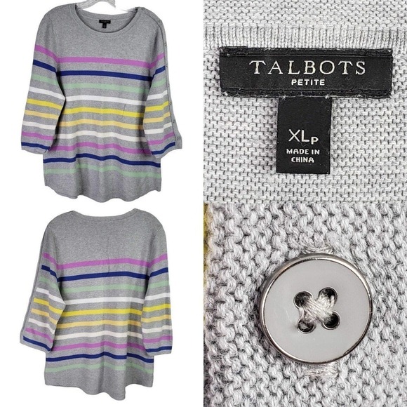 Talbots Sweater Women's XLP Gray Striped 3/4 Sleeve Sweater Cotton Rayon - Picture 1 of 7
